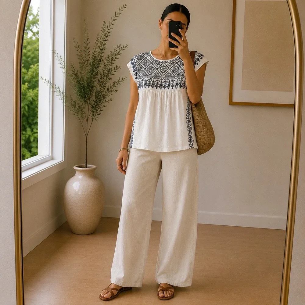 Feathers by Tolani White Blue Embroidered Cap Sleeve Top Size Medium